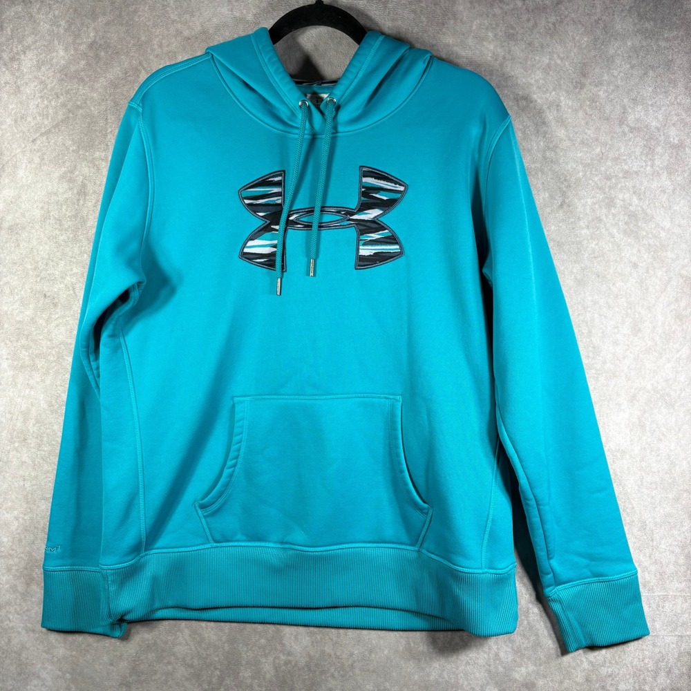 Under Armour Hoodie Womens L Teal ColdGear Storm 1‎ Pullover Graphic Logo Fleece